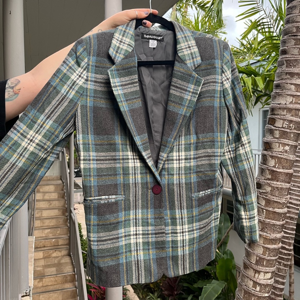 Savannah Plaid Blazer in Blue and Gray